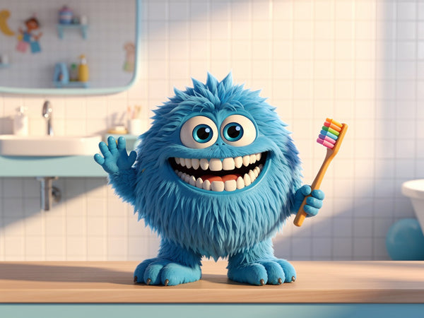 Blue fluffy monster holding a toothbrush in a bathroom