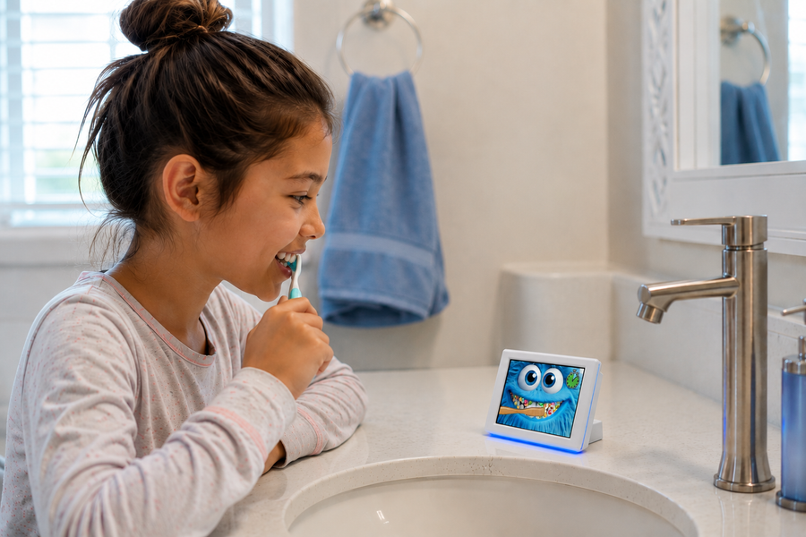 A young girl brushing her teeth in a bright bathroom, smiling at a small square tooth-brushing toy standing on the sink. The toy has a cartoon monster face and a blue light glow around it.