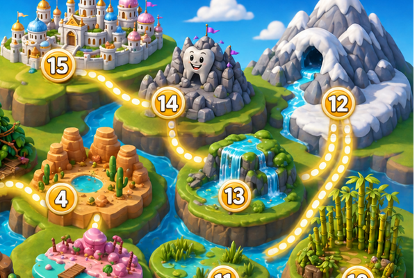 Cartoon map with numbered locations and a castle on a blue background