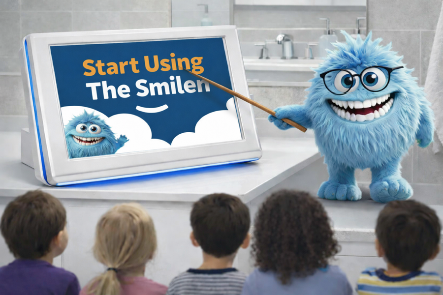 Child using The Smilen interactive brushing device with Gary on screen
