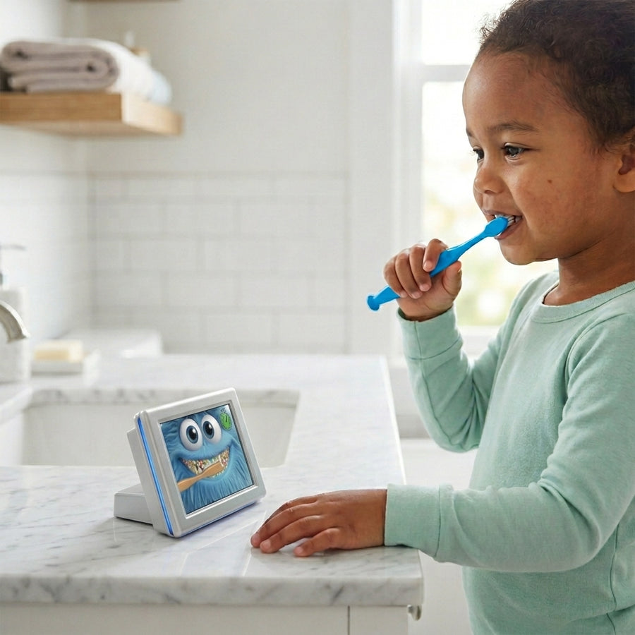 Child brushing teeth with a toothbrush next to a digital device displaying a cartoon character on a kitchen counter.